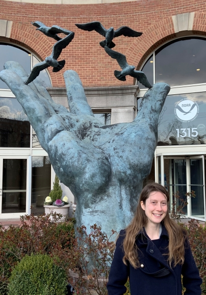 2020 Knauss Fellow Amanda Dwyer outside her NOAA office building in Silver Spring, Maryland. 
Photo courtesy NOAA