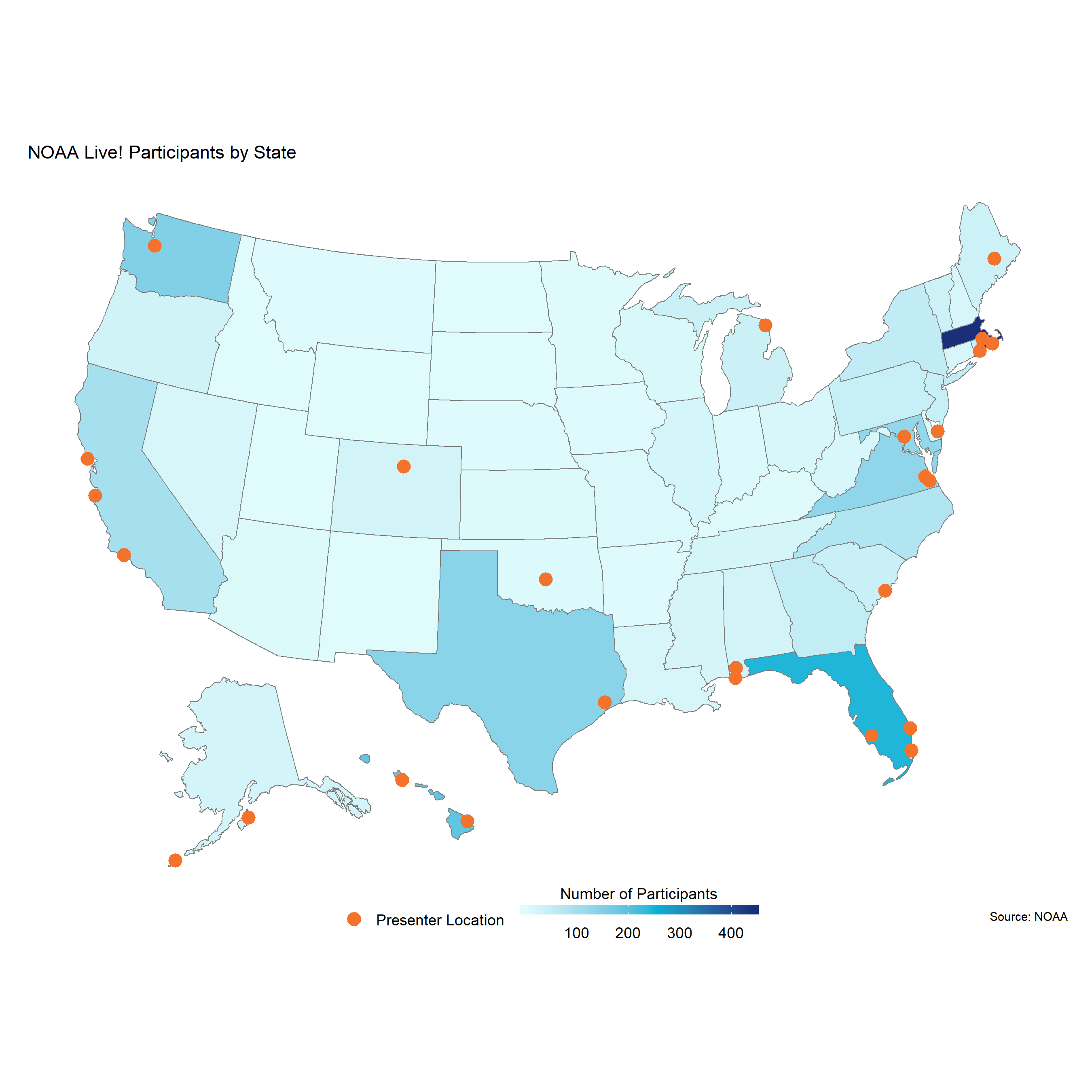 A map of the United States shows webinar participation from around the country. Orange dots show where the webinar presenters were located, and the different shades of blue show the number of participants from each state throughout the webinar series for which location information was collected. (NOAA)