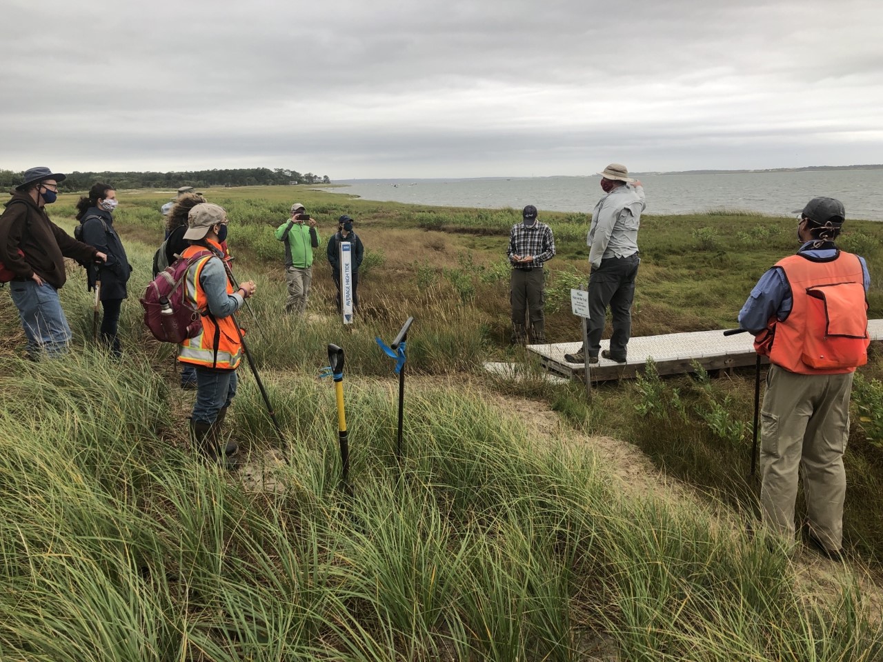 Coastal Processes Specialist Greg Berman helped lead a workshop for the Association of Massachusetts Wetland Scientists that focused on challenging wetland delineations along the coast of Cape Cod. Here Greg points out some of the features found at Mass Audubon's Long Pasture Wildlife Sanctuary.