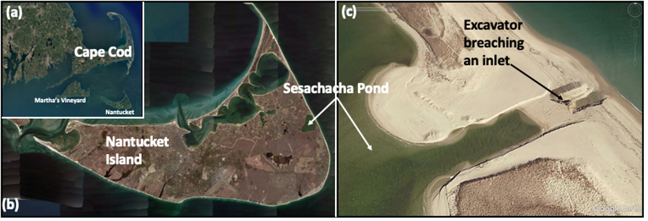 Fig. 1. (a) SE Massachusetts, Cape Cod, & The Islands, (b) Nantucket Island showing Sesachacha Pond, and (c) the breach between Sesachacha Pond and the Atlantic being excavated in April 2017. There are several coastal ponds on Nantucket, for example on the southwest side (lower left) of the island (below the word “Island” in Fig. 1b)