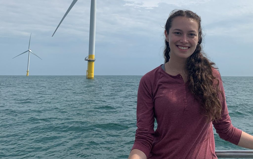 Knauss Fellow Jennifer Kenyon with offshore wind generator in background