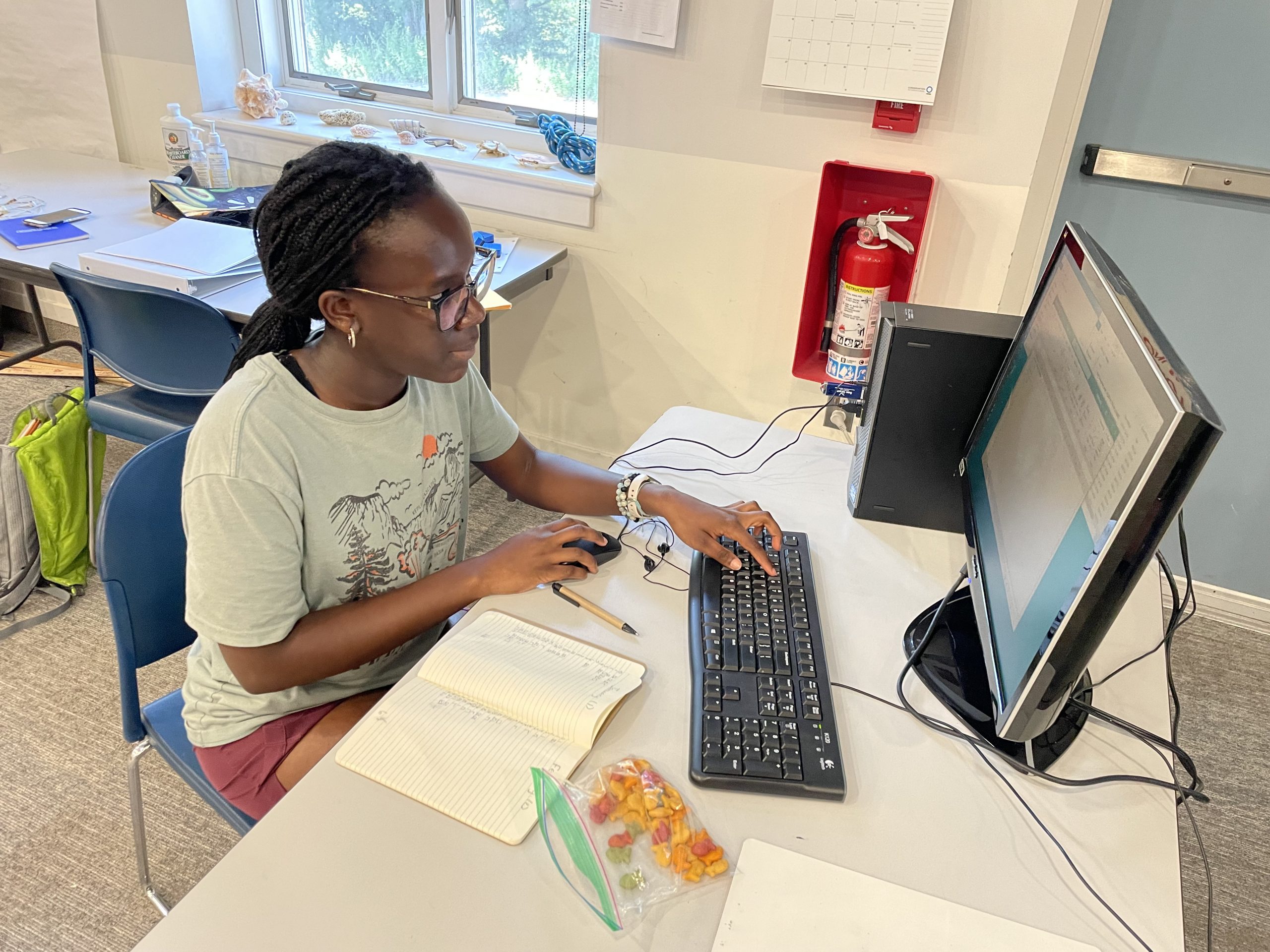 In the computer lab, the fellows worked with acoustic data  WHOI scientist Laela Sayigh collects for her research on dolphin vocalizations. 