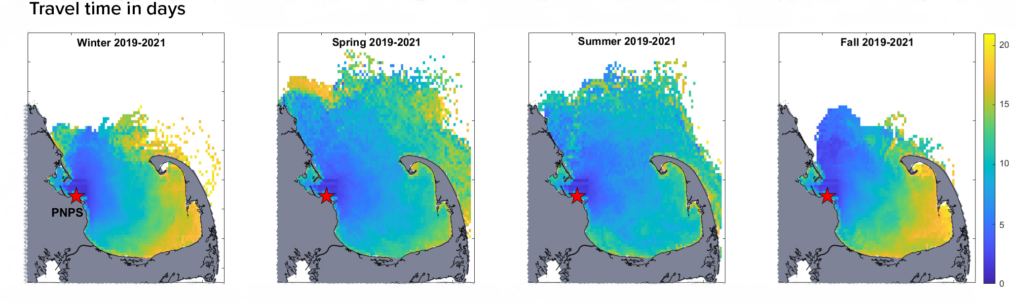 Maps showing the average time it takes in days for a virtual water parcel released off PNPS to reach a given location.