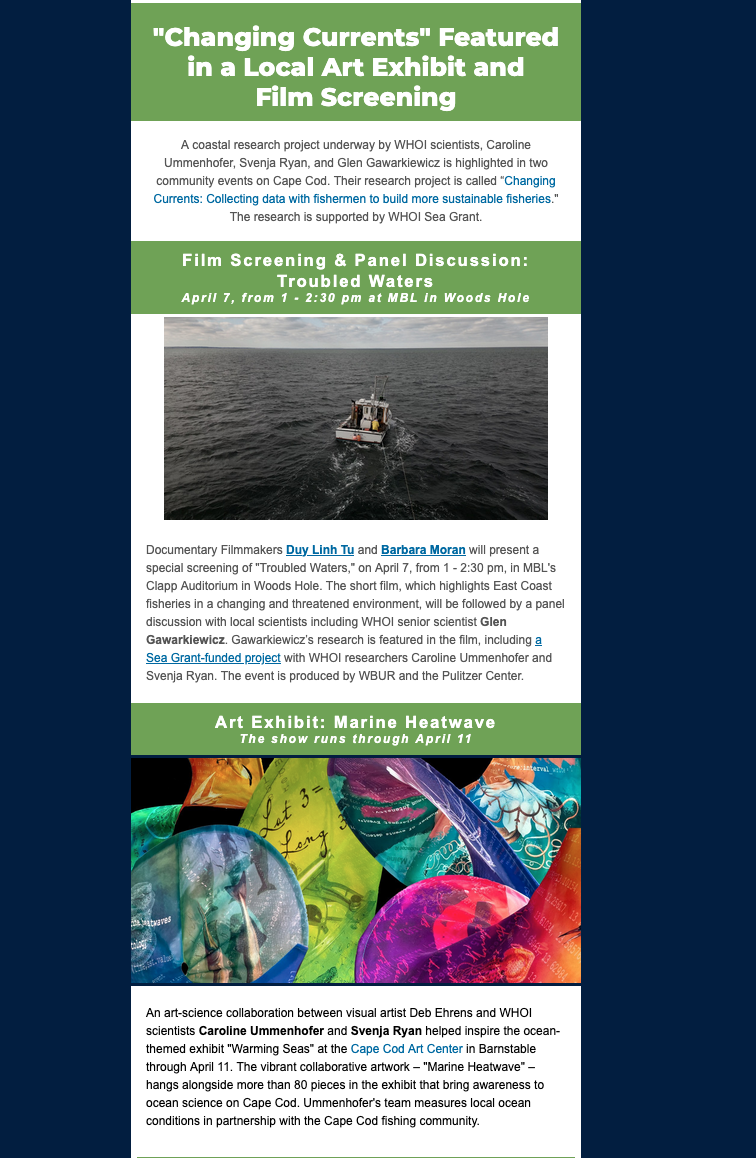 A coastal research project underway by WHOI scientists, Caroline Ummenhofer, Svenja Ryan, and Glen Gawarkiewicz is highlighted in two community events on Cape Cod. Their research project is called “Changing Currents: Collecting data with fishermen to build more sustainable fisheries." 