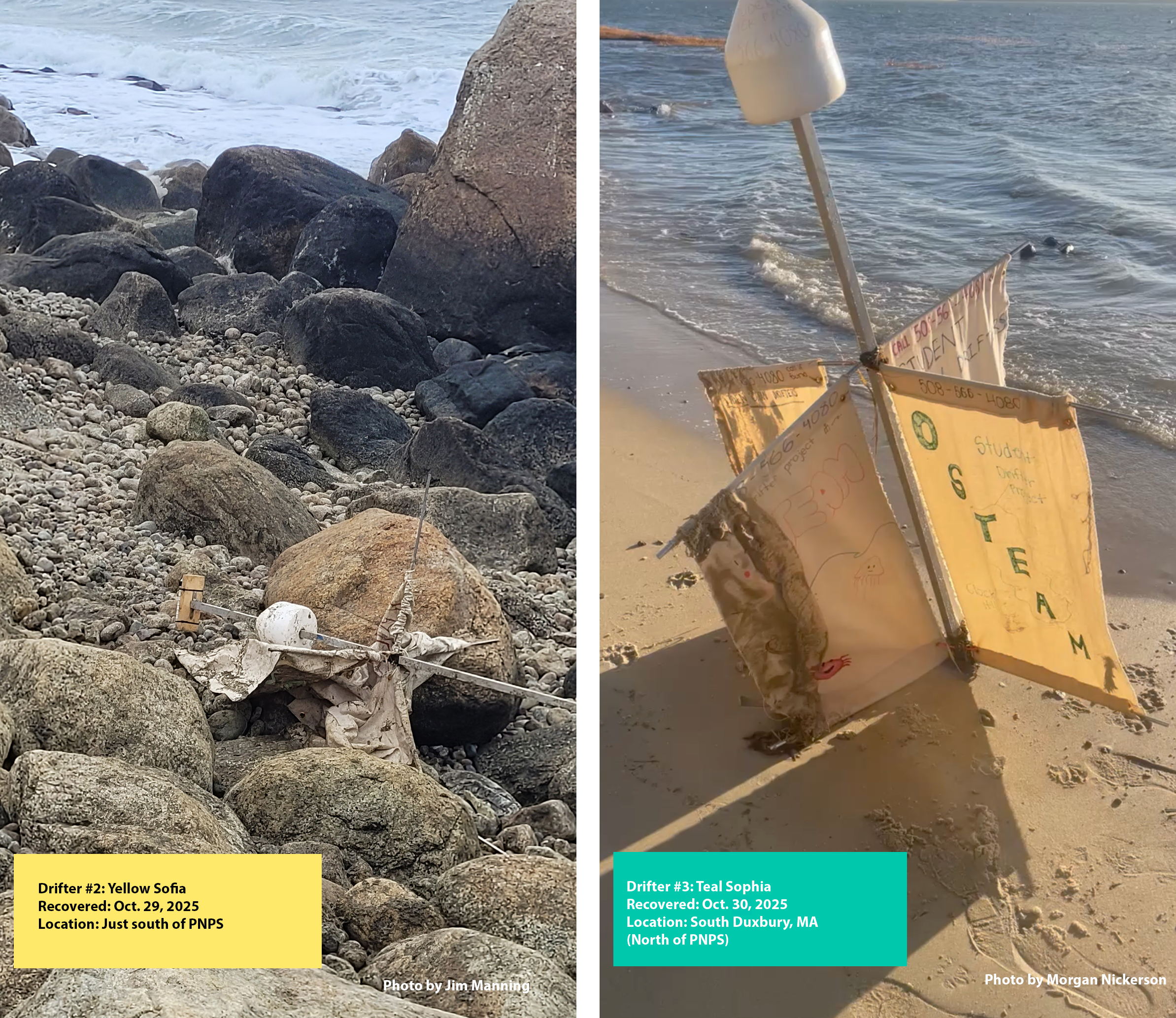 Side-by-side photos of Drifters 2 and 3 on the beach after washing onshore.