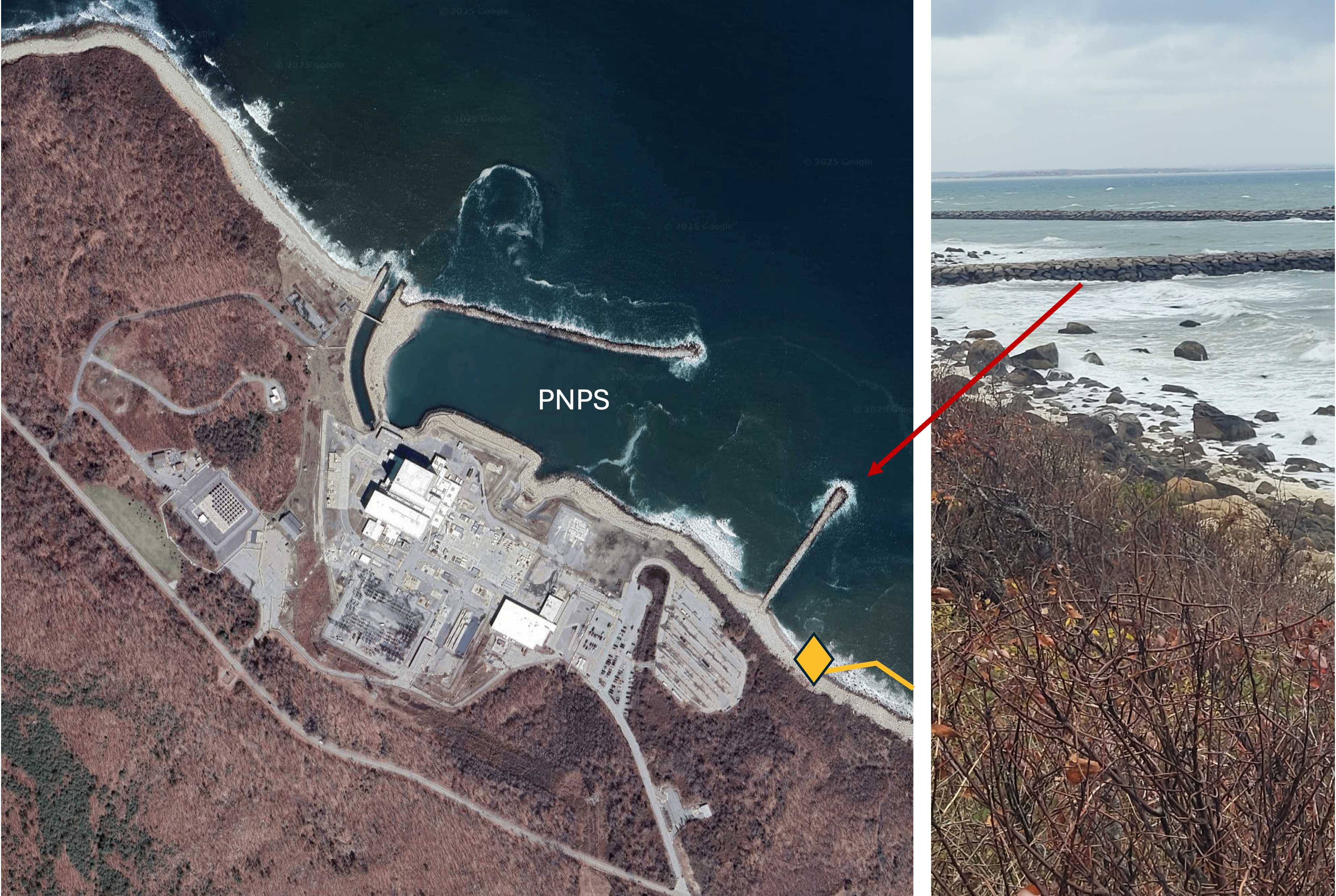 Two photos side-by-side. Left photo is an aerial view of the Pilgrim Nuclear Power Station in Caoe Cod Bay and the drifter retrieval location. Right photo shows the jetties on the beach where the drifter washed up.