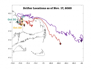 Color-coded map of drifter locations in and around Cape Cod Bay from Oct. 29, 2025 to Nov. 17, 2025