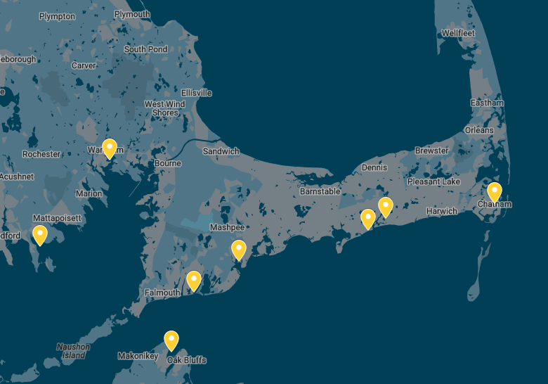 Eight sites across Cape Cod were selected for the kelp study in collaboration with local aquaculture farmers. 